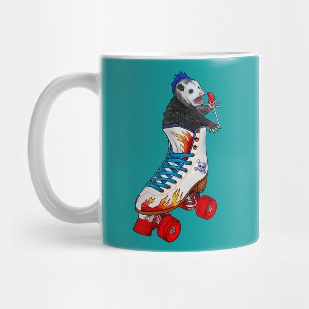 Rebellious Opossum With A Mohawk Sitting In Roller-Skate Eating A Sucker by Ashley D Wilson